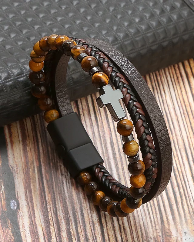Men's Stainless Steel Bracelet Tiger Eye Men's Cross Bracelet