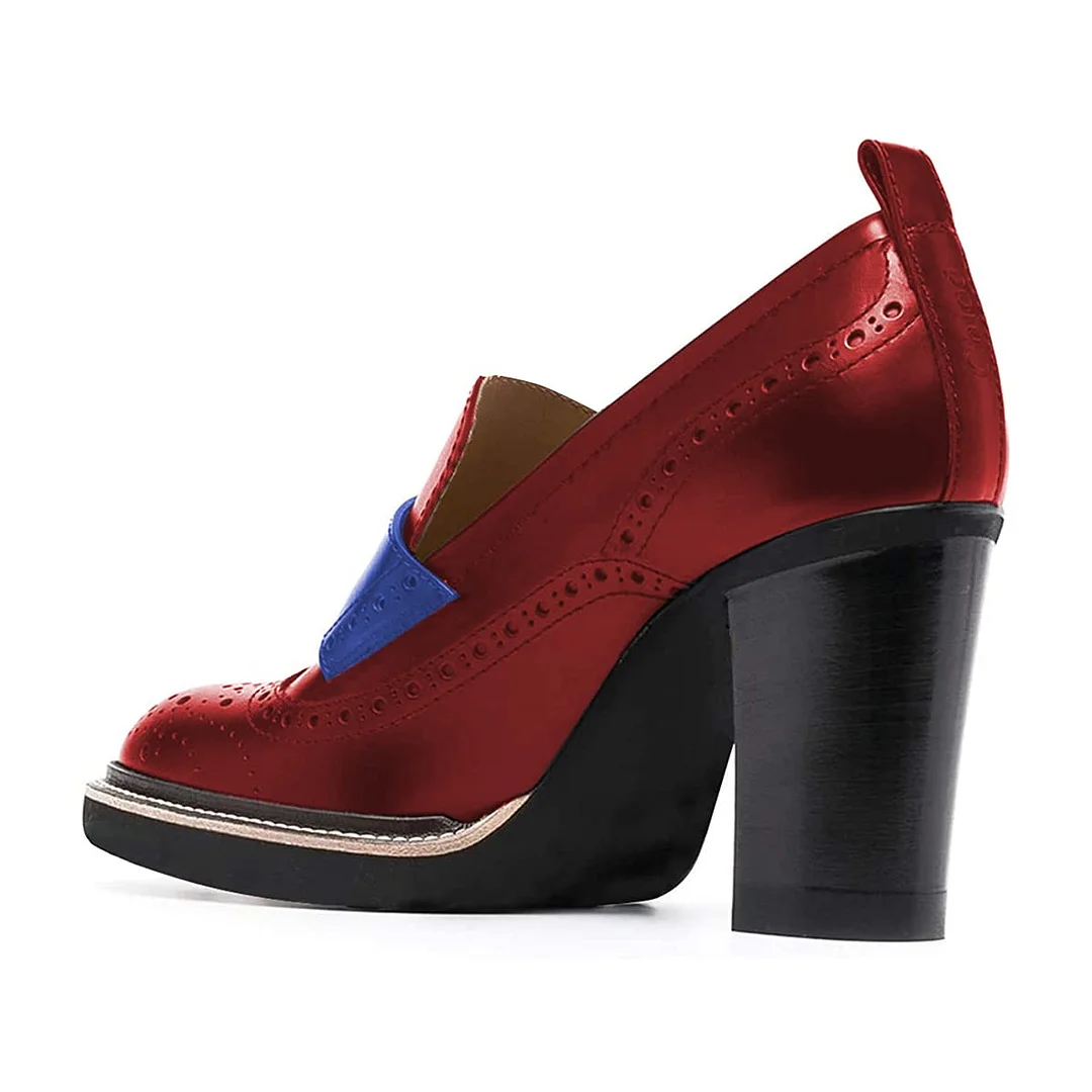 Classic Red Round Toe Chunky Heeled Loafers with Perforated
