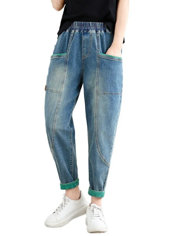 Women's loose Casual Vintage Colorblock Oversized Jeans Pants