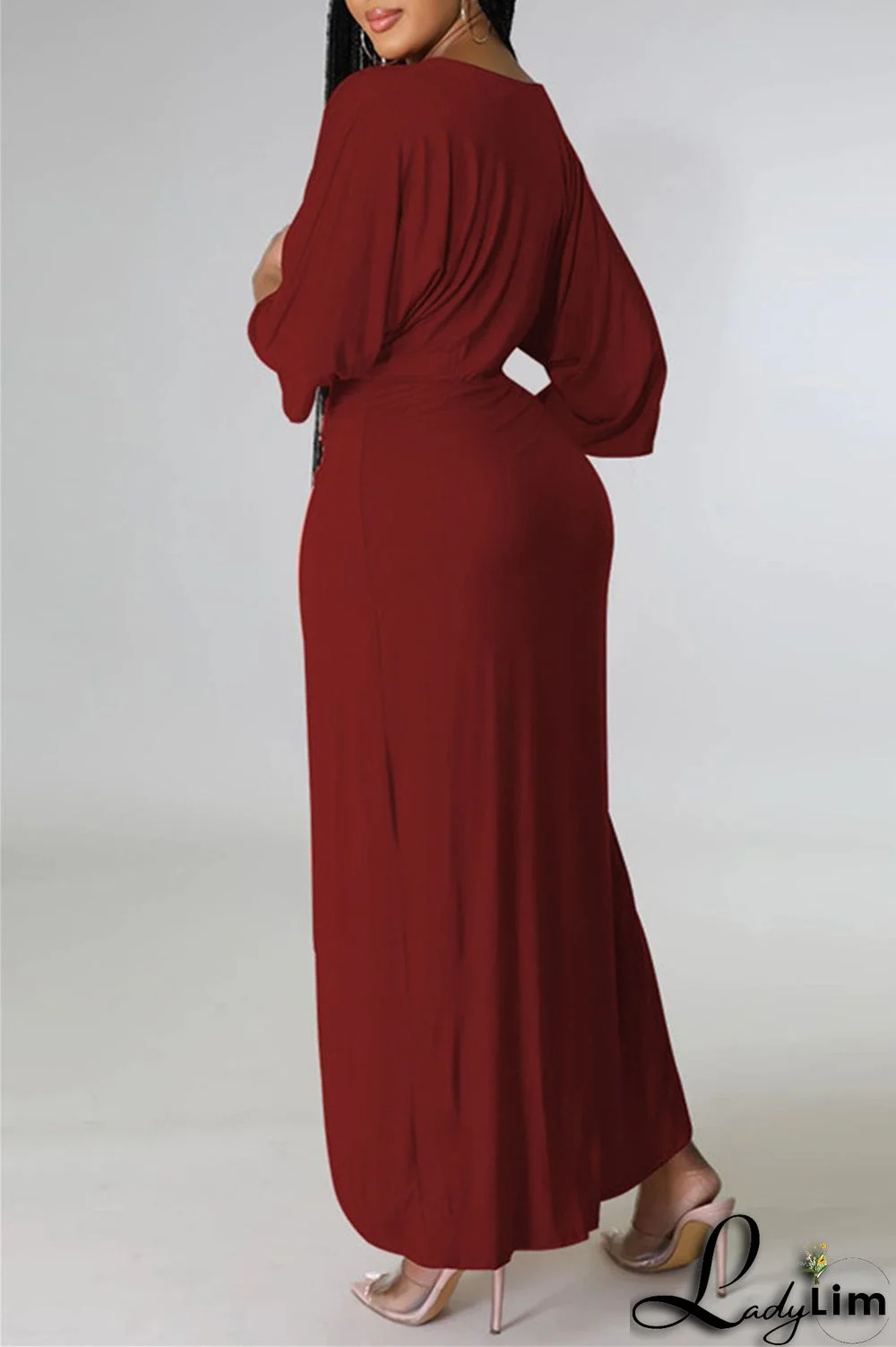 Burgundy Fashion Casual Solid Patchwork V Neck Irregular Dress