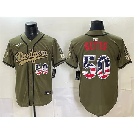 Men's Los Angeles Dodgers #50 Mookie Betts Olive 2026 Armed Forces Day 250 Fourth of July Stitched Baseball Jersey