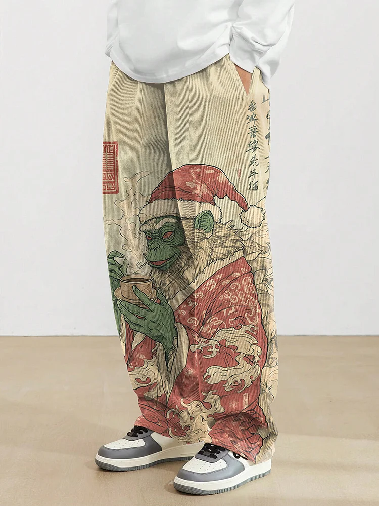 Men's Christmas Animal Japanese Art Print Loose Drawstring Waist Sweatpants