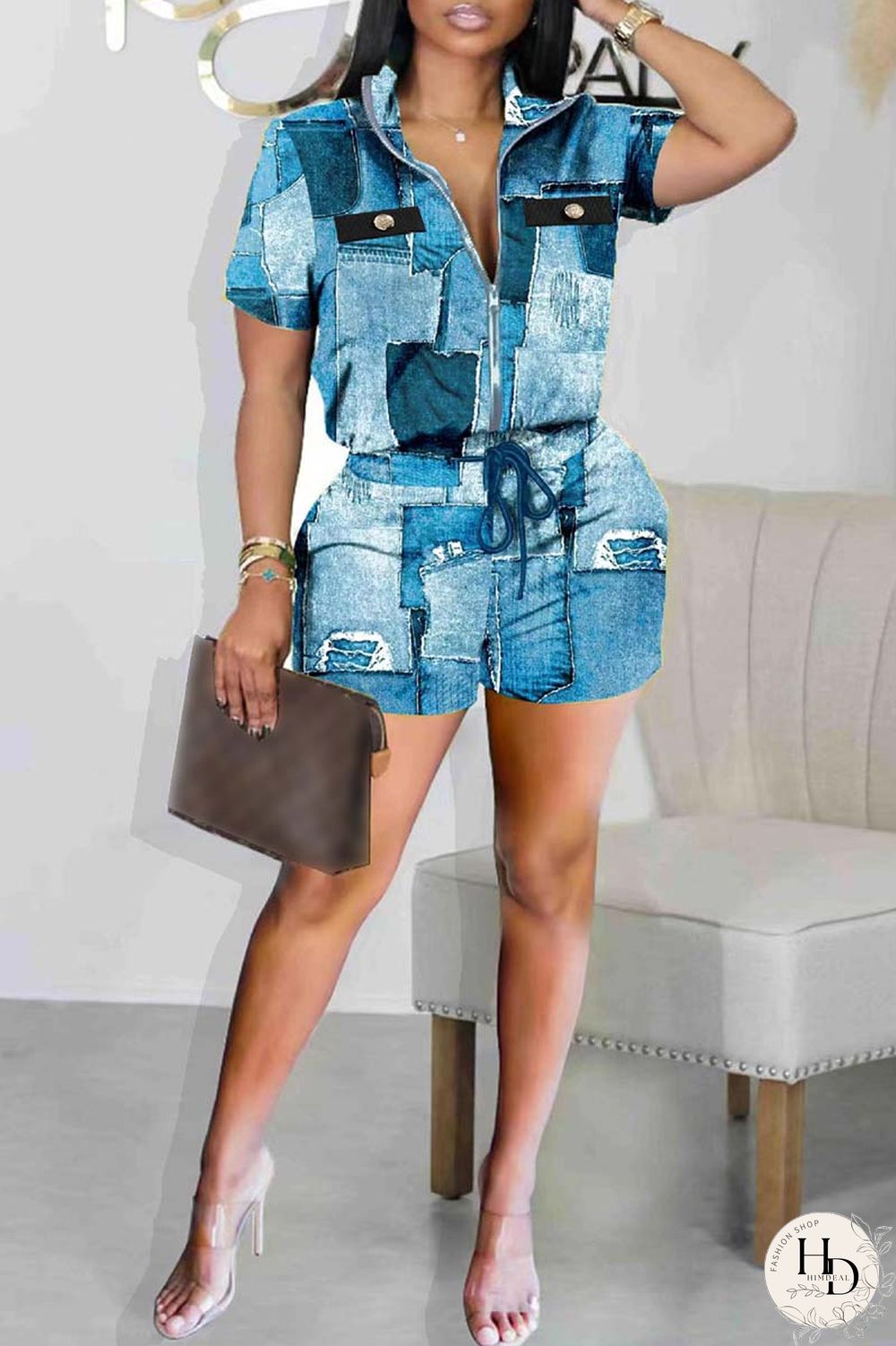 Black Casual Print Patchwork Zipper Collar Short Sleeve Two Pieces