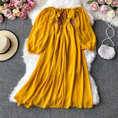 Vintage Dress, Luditu Midi Dress, Dress, Smocked Dress, Honey  in Green, Pink, Orange, Yellow and Red