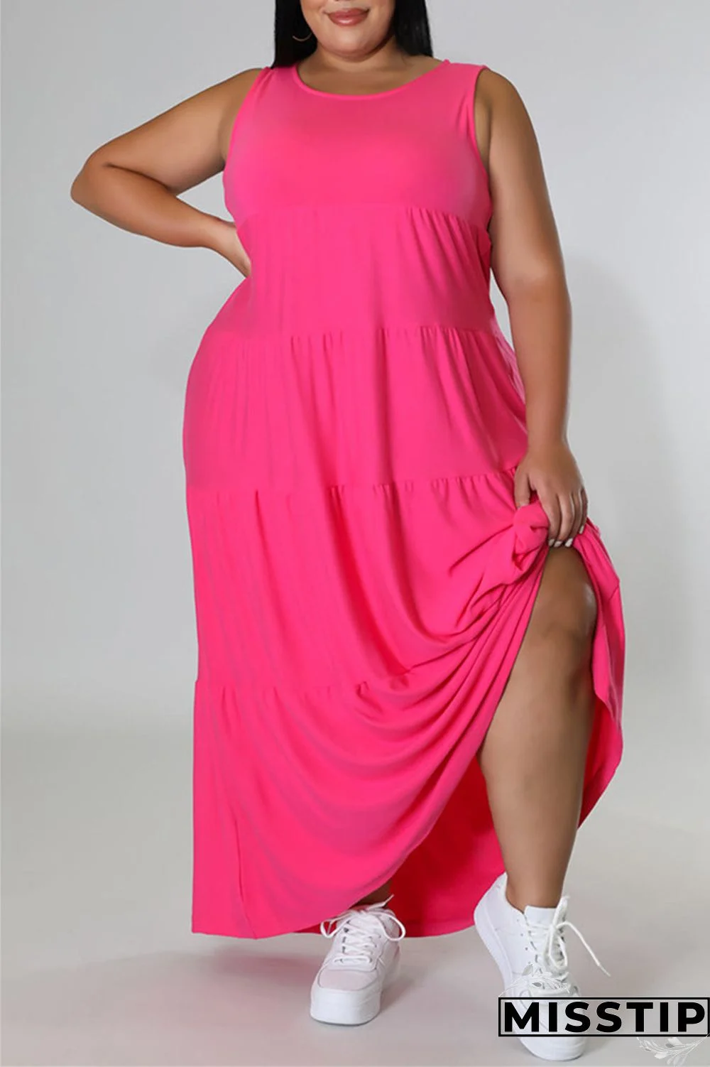 Black Fashion Casual Plus Size Solid Basic O Neck Vest Dress