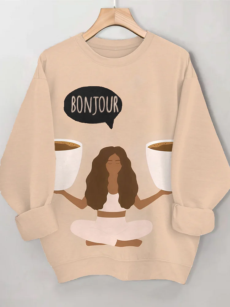 Women's Bonjour Coffee Meditation Yoga Art Print Casual Sweatshirt