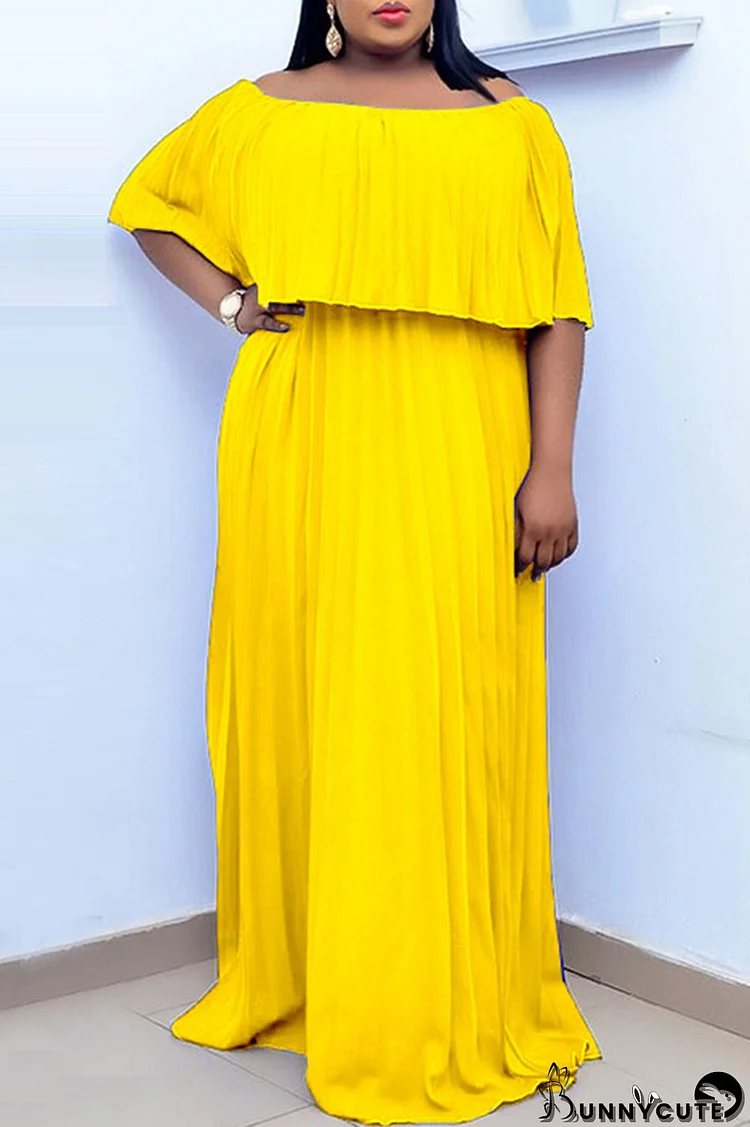 Yellow Fashion Casual Plus Size Solid Patchwork Off the Shoulder Long Dress