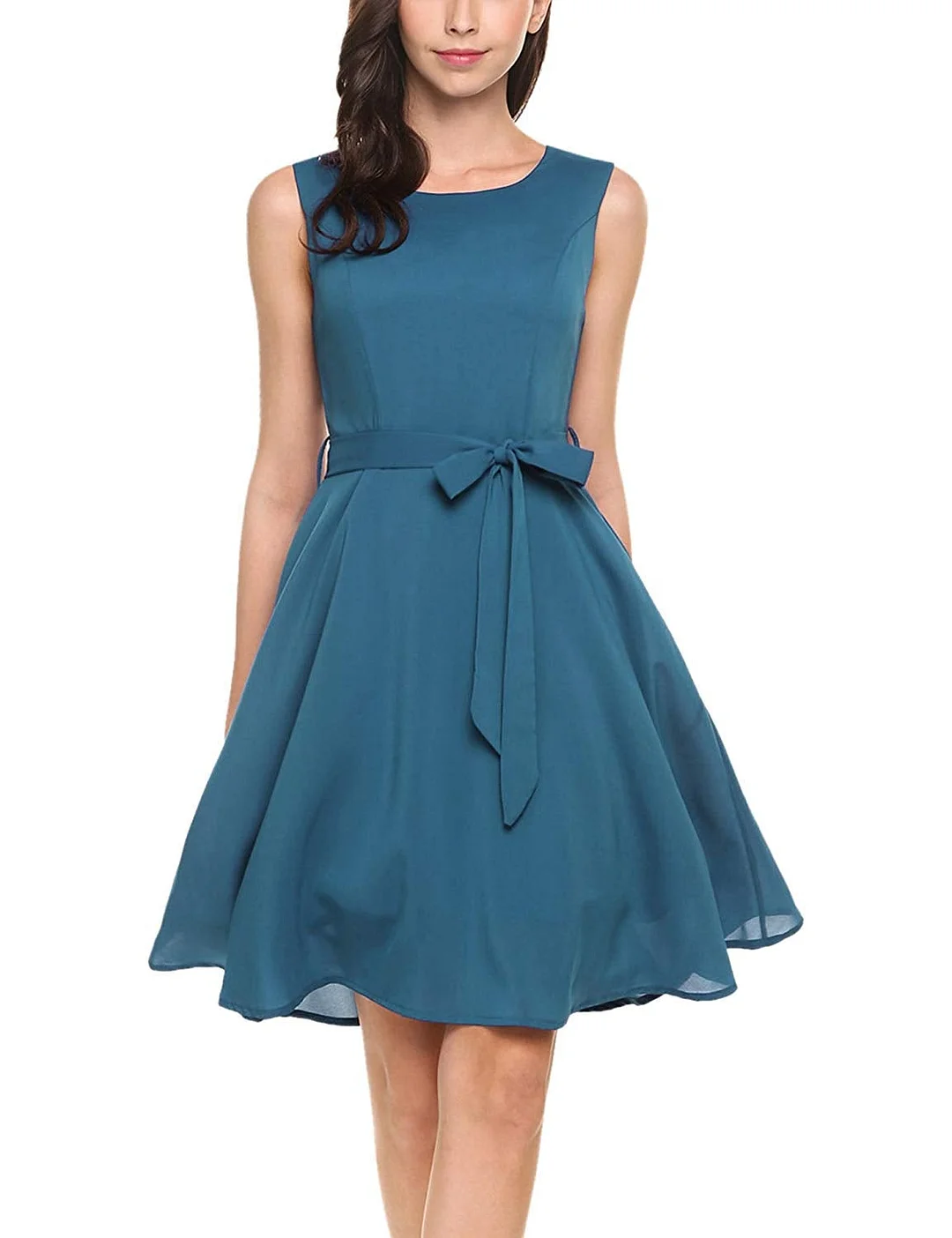Women Chiffon Summer Sleeveless A-line Pleated Party Cocktail Dress with Belt