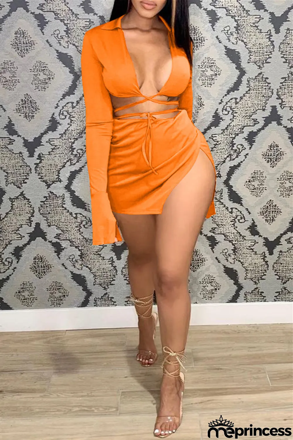 Black Sexy Casual Solid Bandage Slit V Neck Long Sleeve Two Pieces