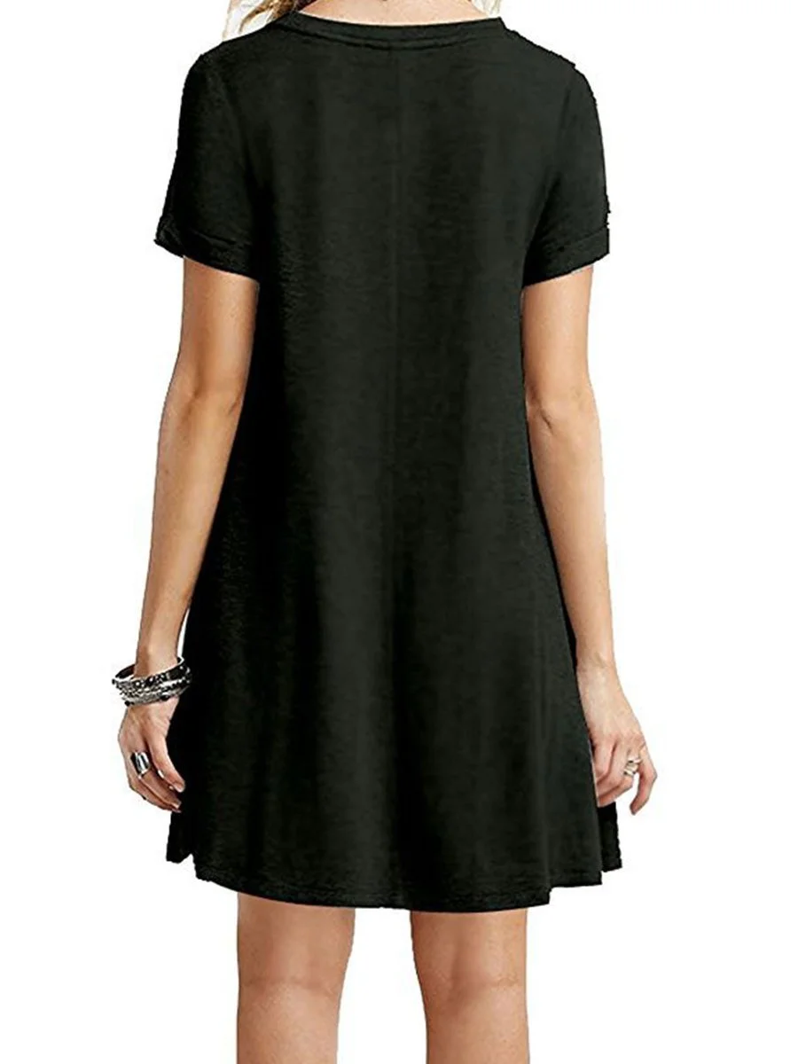 Round Neck Solid Color Short Sleeves Shift Dress