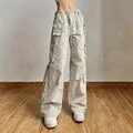 uforever21 90s Kpop Low Rise Baggy Casual Cargo Pants for Women Pocket Patchwork Straight Pants Light Khaki Harajuku 2000s Jogging Overalls