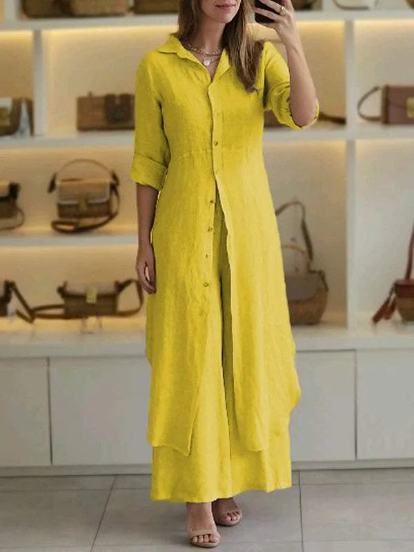 Women Summer Casual Linen Long Two-piece Set Pant Suits