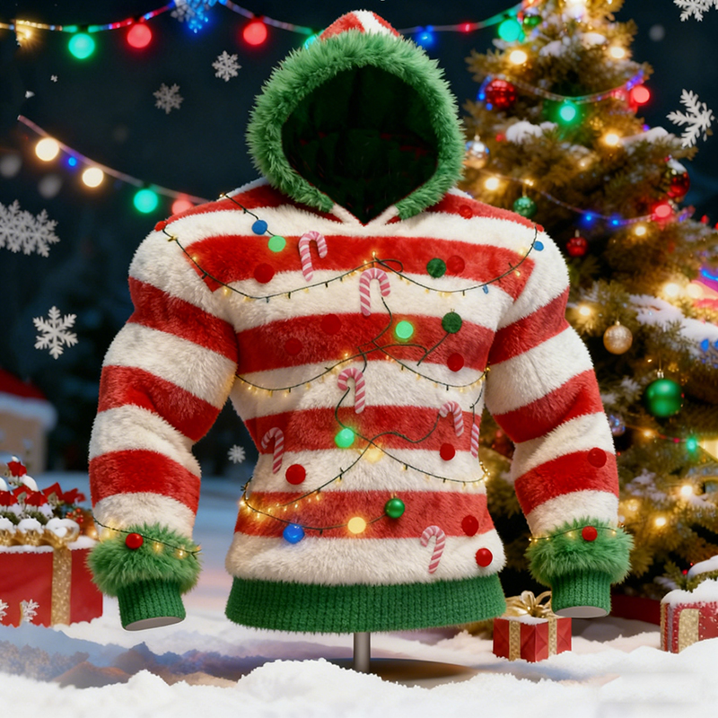 Men's Christmas Light Striped Color-blocked Hooded Sweater elevenforest