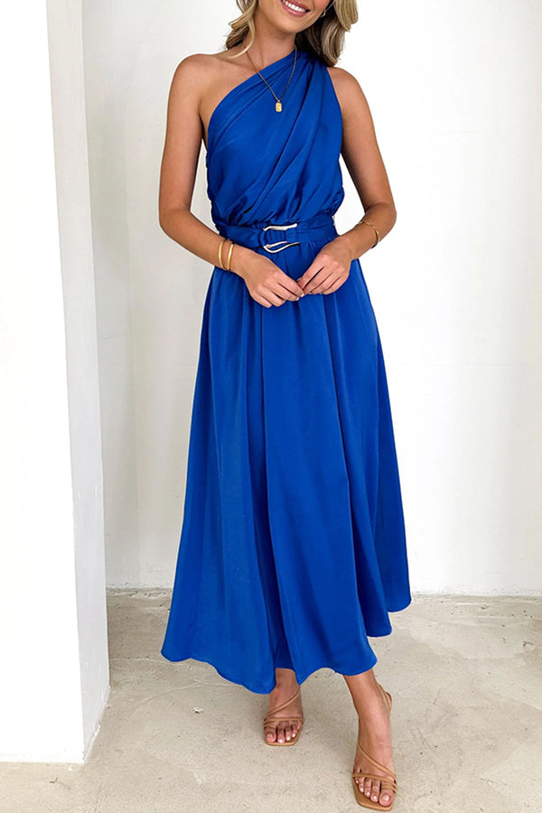 Siora Slope Neck High Waist Belted Backless Maxi Dress