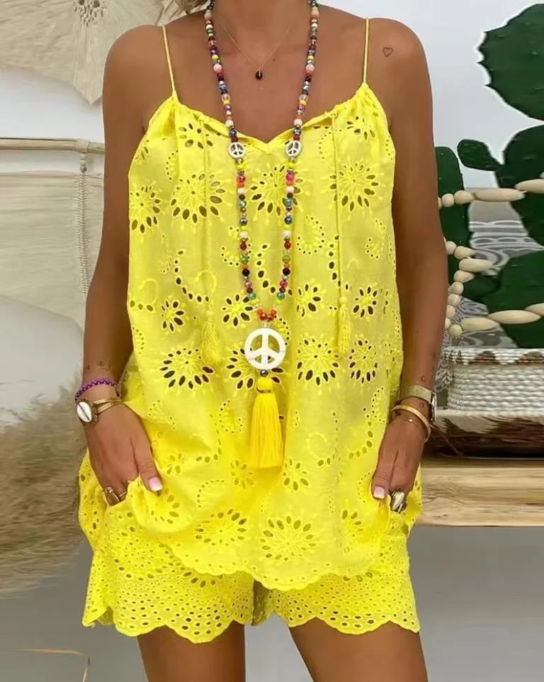 Wongn Wongn Sleeveless Drawstring Flounce Cut Out Vest Embroidered Shorts With Cotton Suit