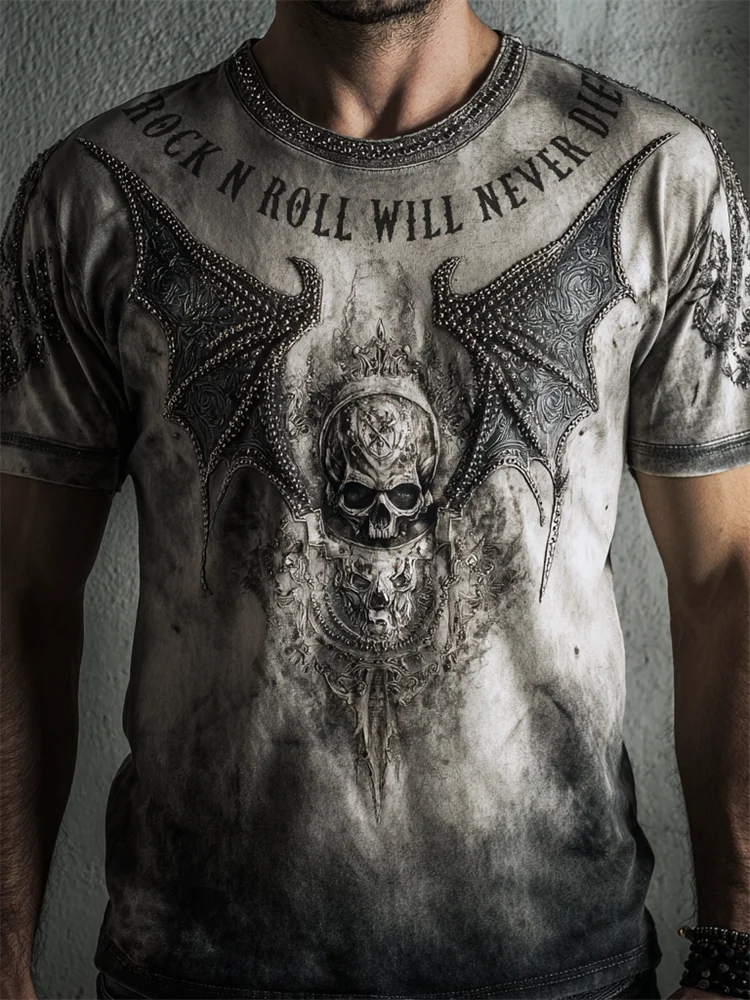 Men's Rock N Roll Will Never Die Skull Studded Bleached T Shirt