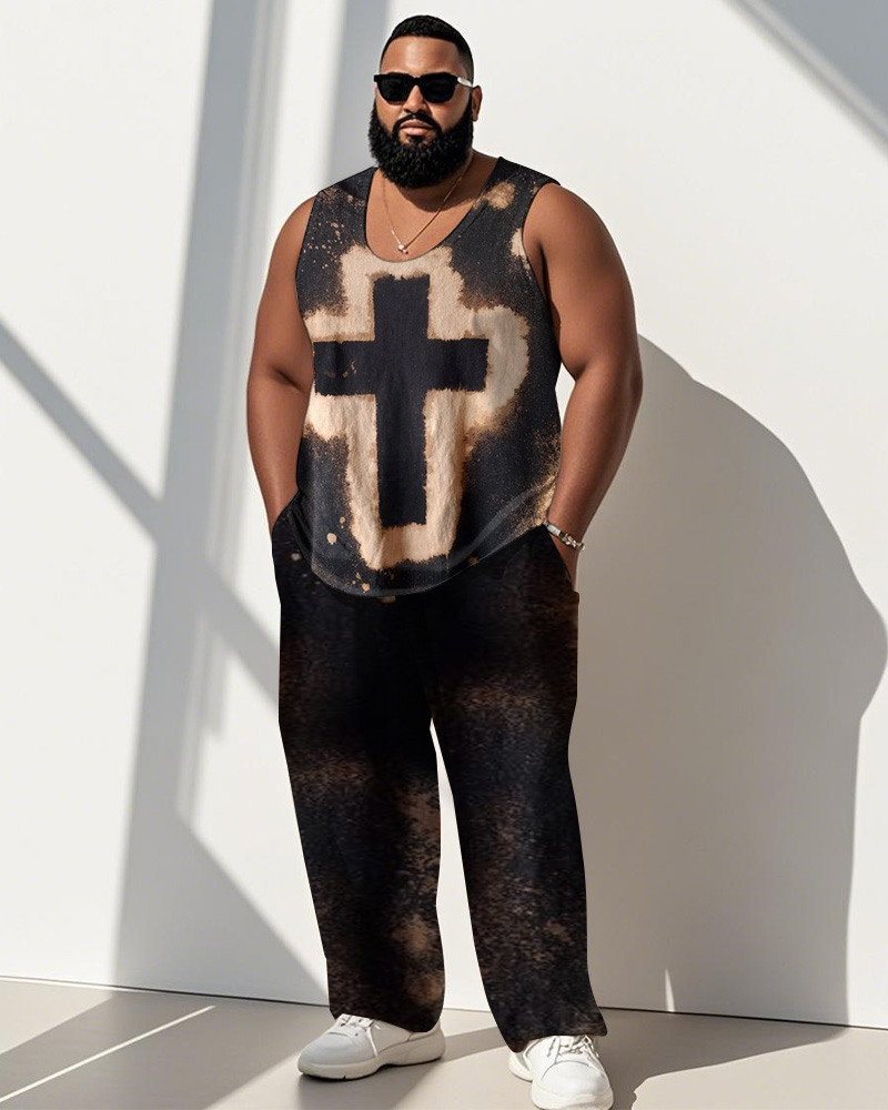 Men's Plus Size Street Fashion Brown Cross Print Vest Trousers Suit