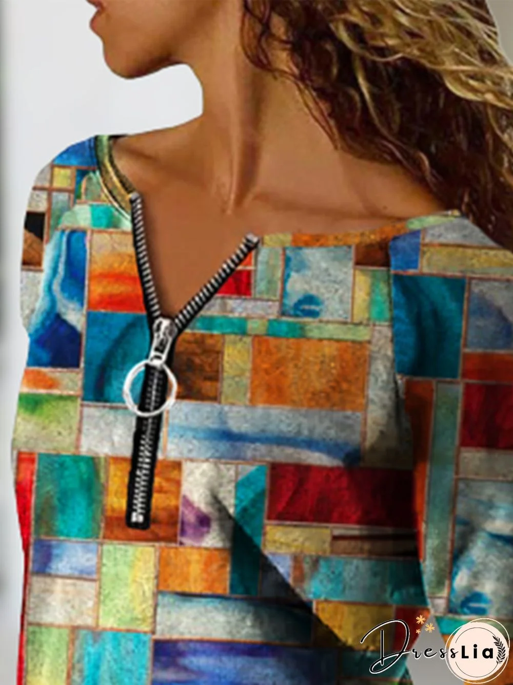 Geometric Long Sleeve Zipper Plus Size Casual Sweatshirts