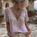 Women's Floral Embroidered Art V-neck Short Sleeved Linen Blend T-shirt - Image 3