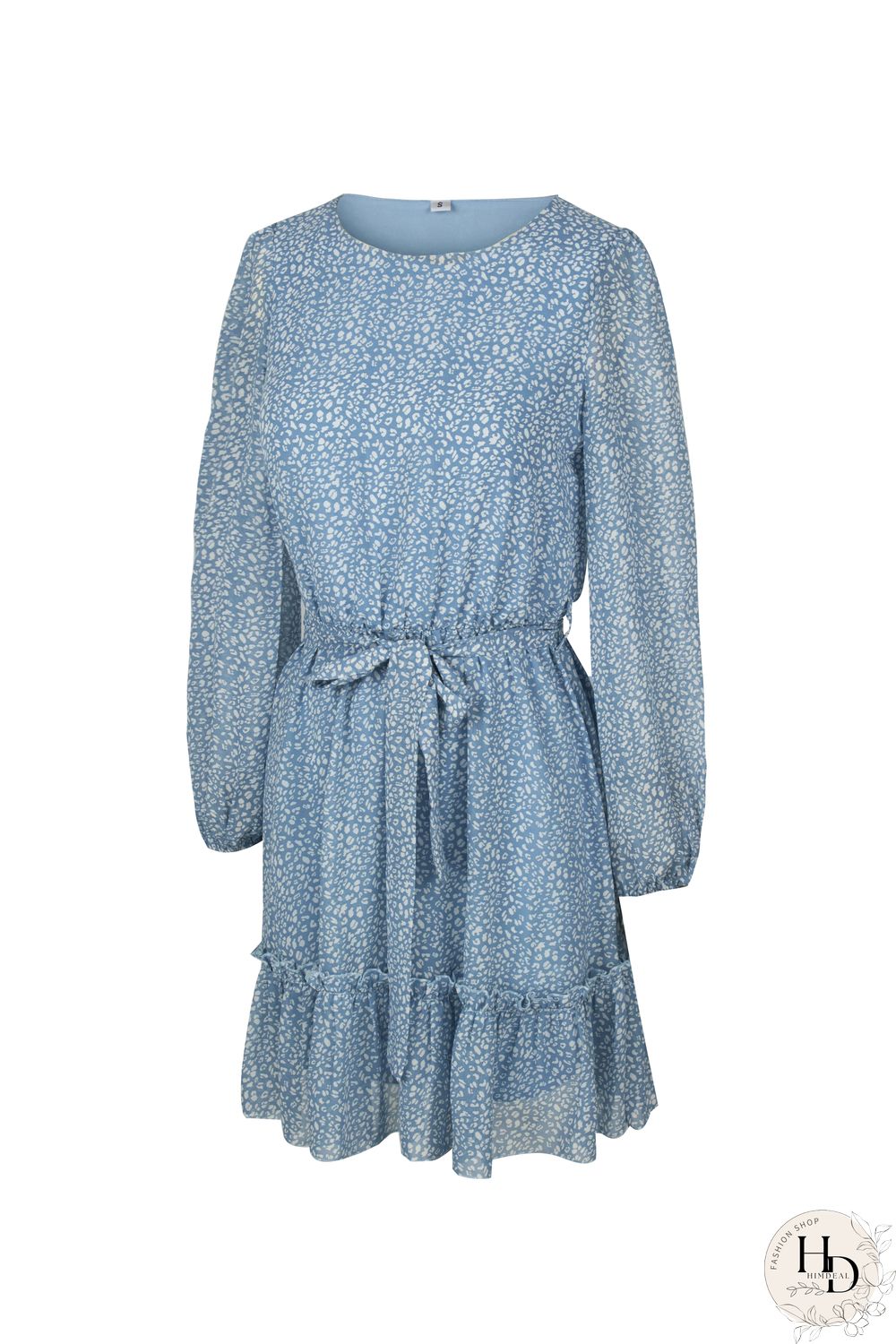 Round Neck Long Sleeve Floral Wrap Tie Waist Mini Dress