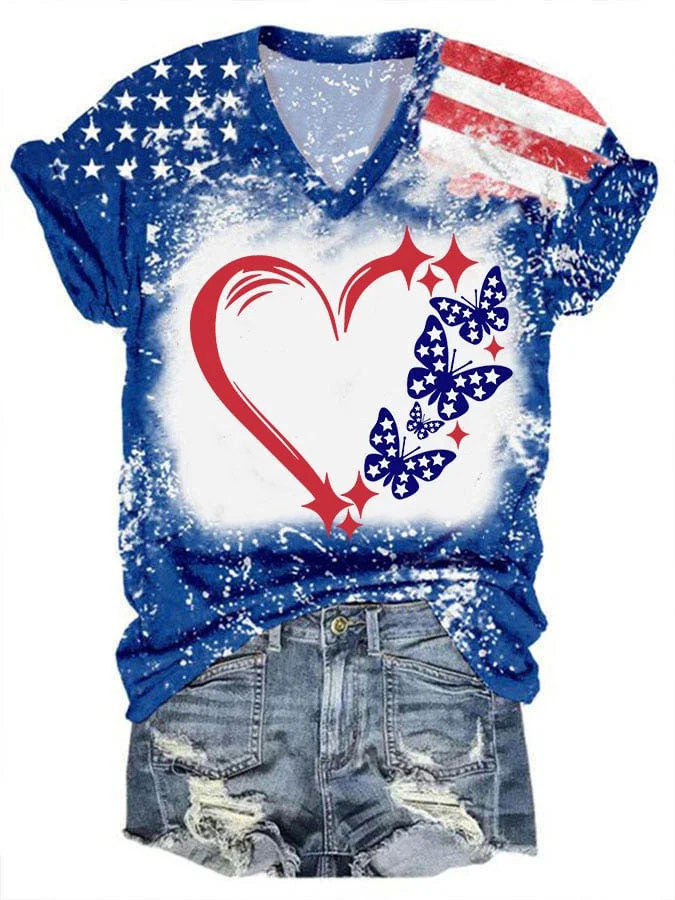 Women's Independence Day Heart Butterfly Print V-Neck T-Shirt socialshop