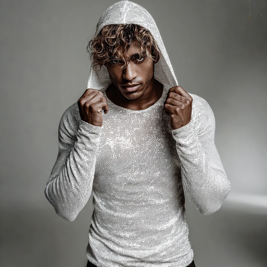 Men's Sequined Shimmering Long-sleeved Hooded T-shirt-inspireuse