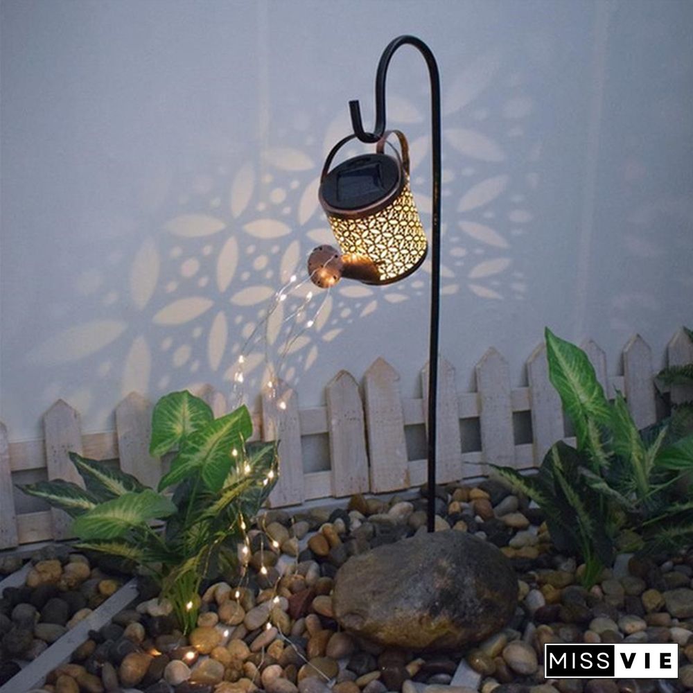 Retro Solar Watering Can Sprinkles LED Light Fairy Metal Wrought Iron Hollow Out Lamp