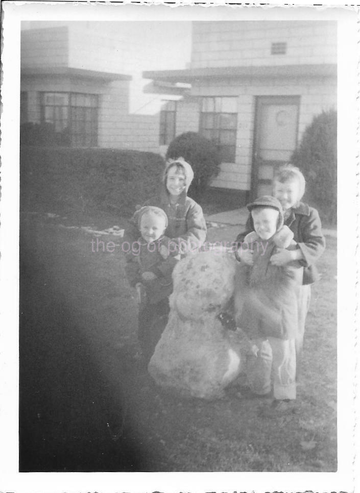 SNOWMAN KIDS Found Photo Poster paintinggraph bw CHILDRENS Original VINTAGE JD 010 7 KK