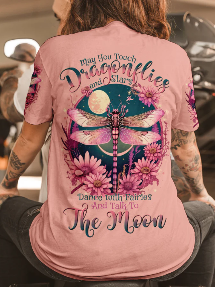 May You Touch Dragonflies And Stars Pink All Over Print T-Shirt