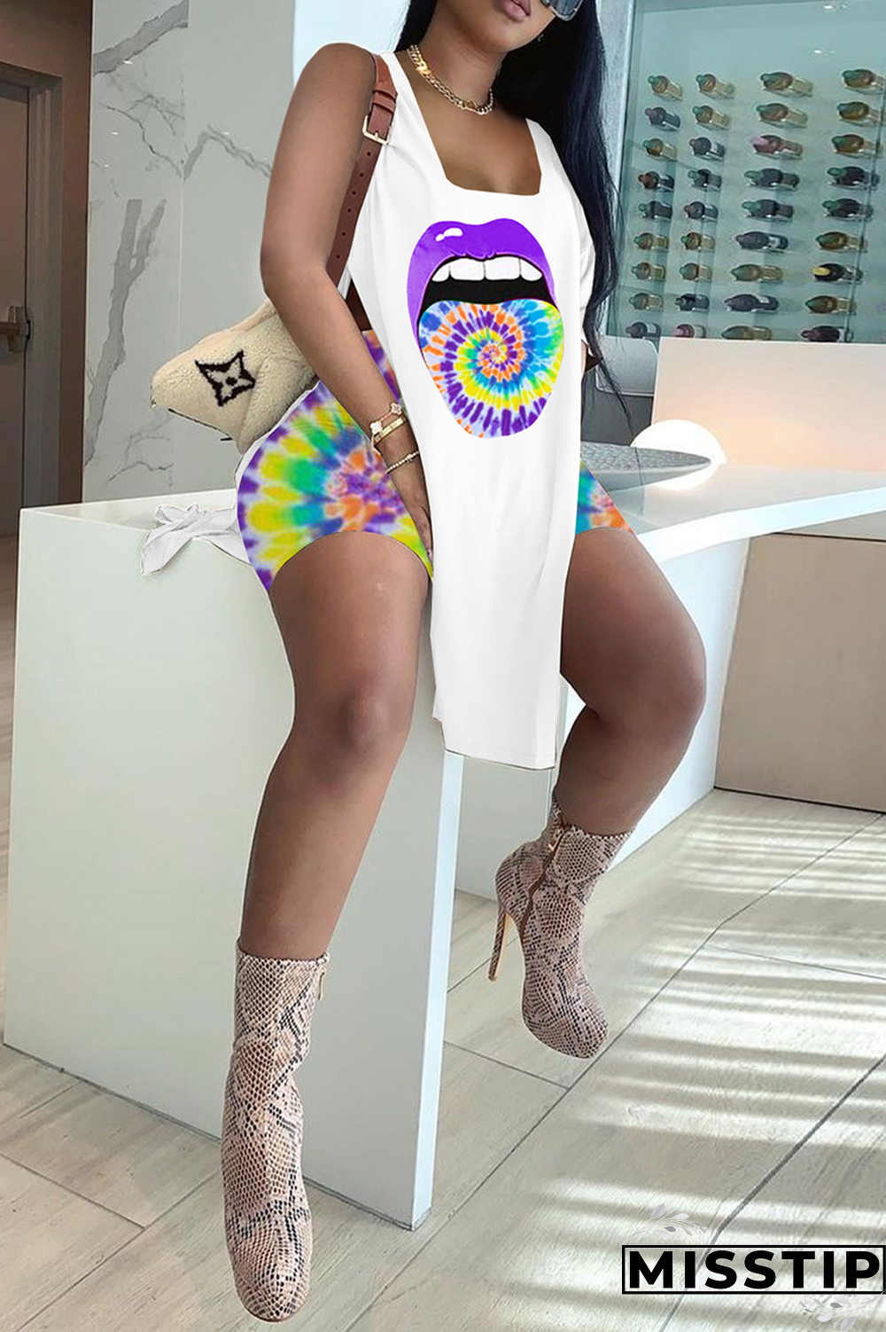 Green Sexy Print High Opening U Neck Sleeveless Two Pieces