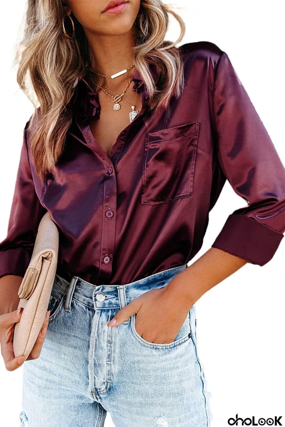 Satin Button Shirt with Pocket