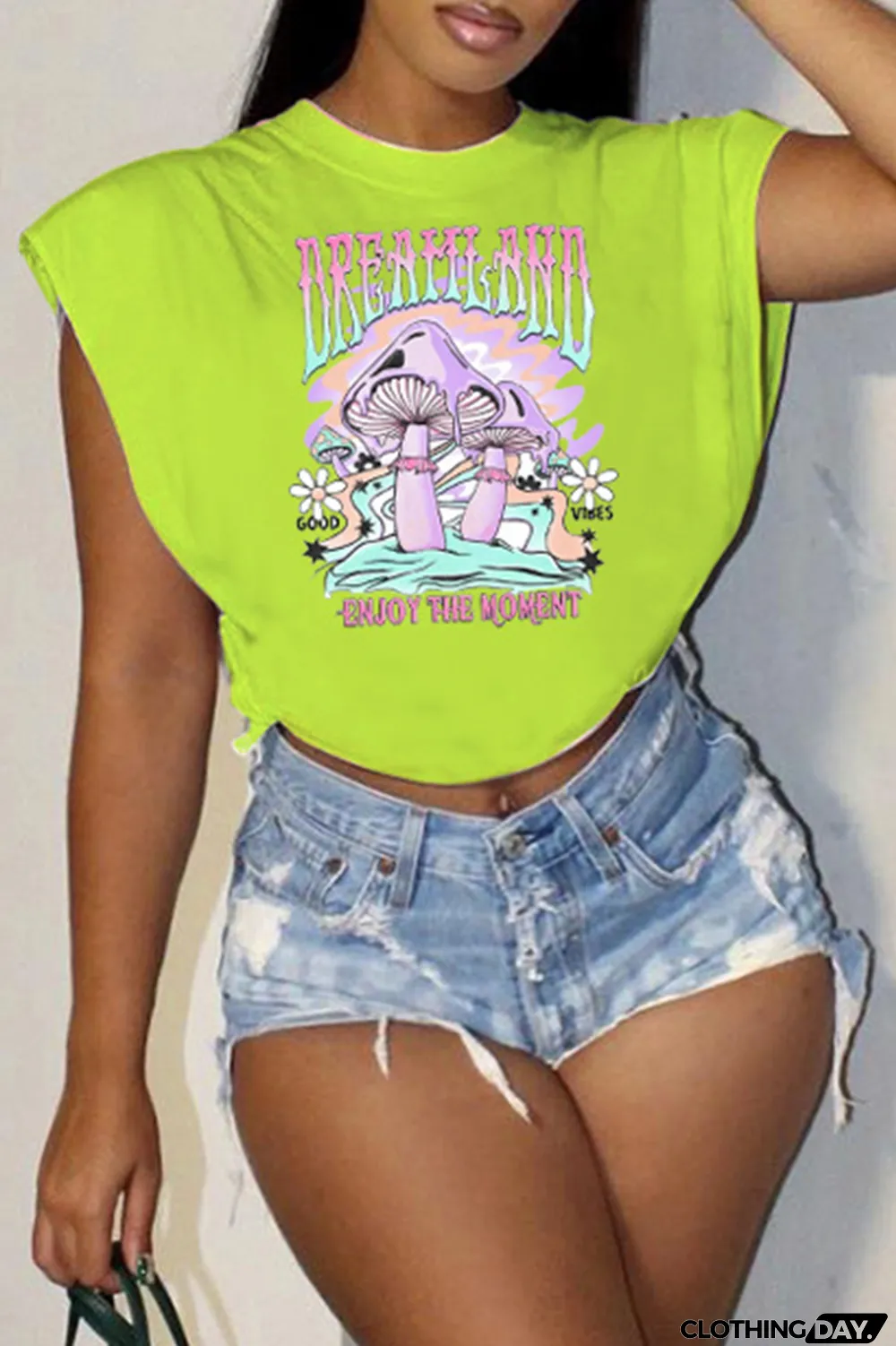 Light Green Fashion Casual Print Patchwork O Neck T-Shirts