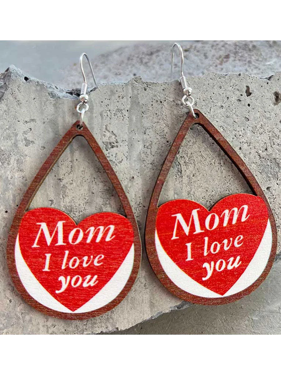 Mom I Love You Teardrop Wooden Earrings