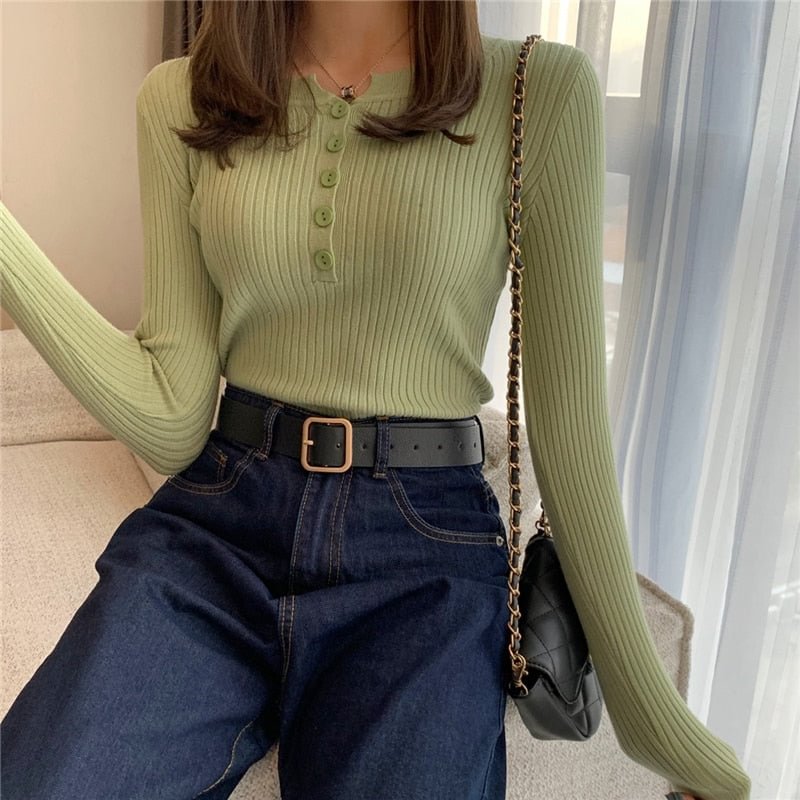 2021 Knitted Women Button Sweater Pullovers spring Autumn Basic Women highneck Sweaters Pullover Slim female High Quality Top