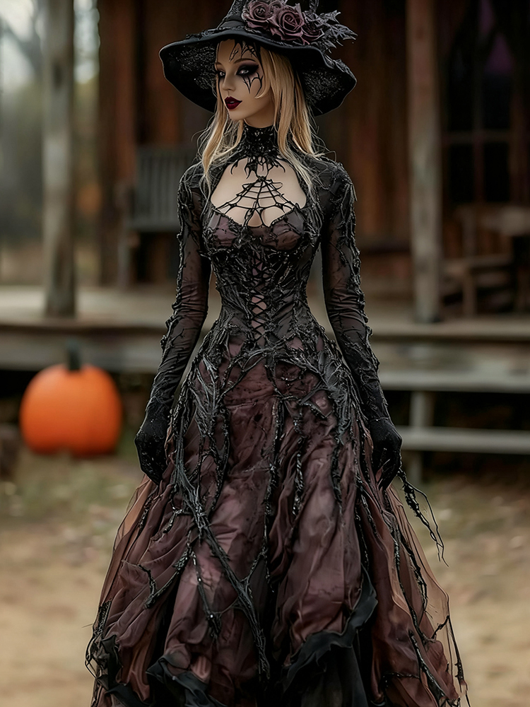Comstylish Vintage Witch Halloween Branch Embroidered Dress