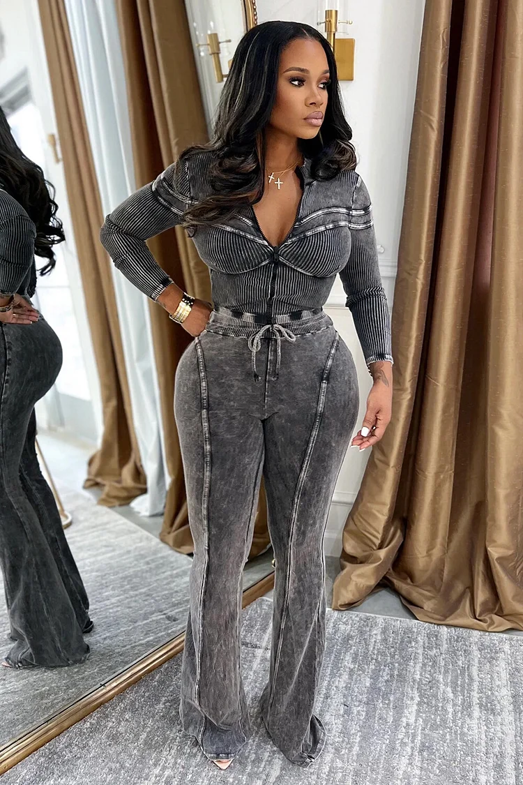 Long Sleeve Zipper Top Tie Up Bootcut Pants 2pcs Set-Coffee