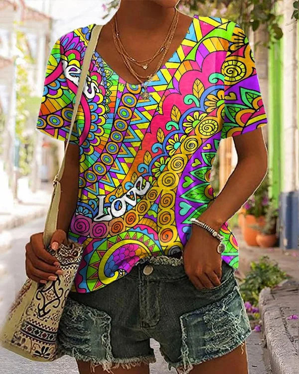 🔥kukelife🔥Hippie Fun Love Print V-Neck T-Shirt