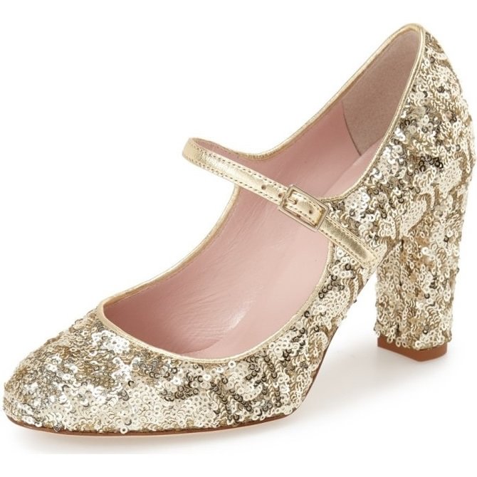 Women's Golden Sequined Chunky Heel Pumps Mary Jane Shoes |FSJ Shoes