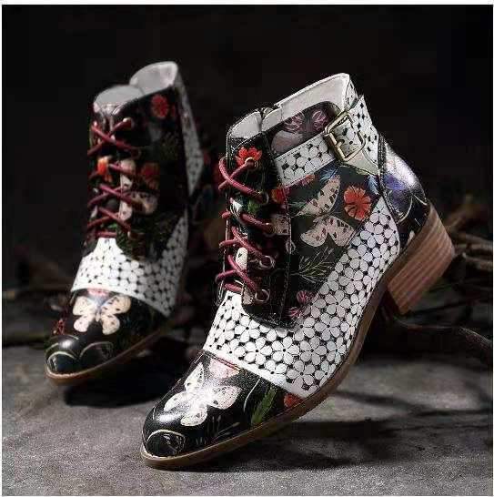 Women Flowers Printing Ankle Strap Short Lace Up Boots
