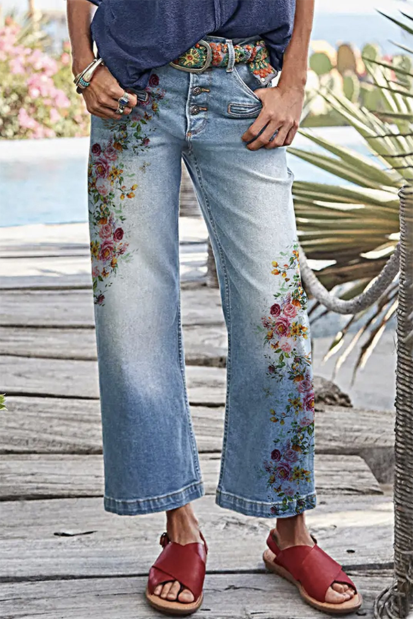 Floral West Style Pocket Stitching Jeans