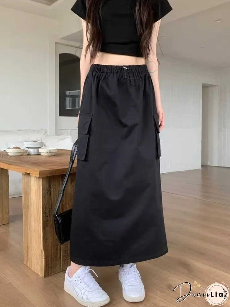Joskka Long Cargo Skirt Women Korean Casual Split Drawstring Elastic Waist Pocket