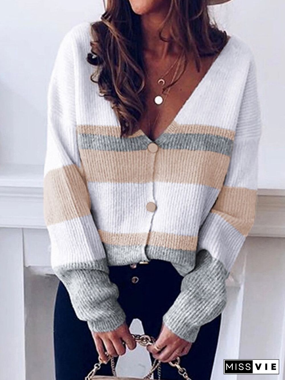 Autumn Winter Neck Knitted Cardigan Fashion Commuter Style Ladies Loose Button Stripe Long Sleeve Thick Short Coat Sweater