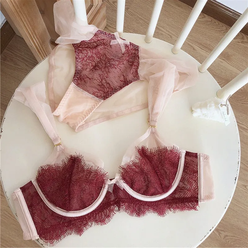 Wriufred Lace light and ultra-thin lingerie panties set large size sexy underwear suit ladies new adjustment type bra set