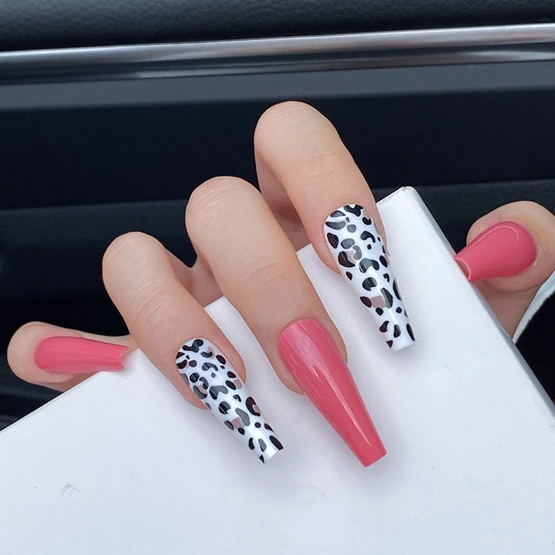 24Pcs Extra Long Coffin Nails Pure Purple Elegant Shiny Ballet Fluorescent and Yellow Leopard print Fake Nail with glue for girl-Nail Inspo