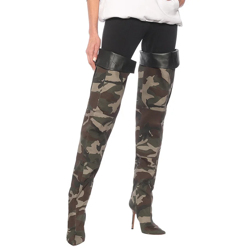 Women's Pointed Toe Large Tube Side Zipper Camouflage Over The Knee Boots Stiletto Over The Knee High Boots Novameme