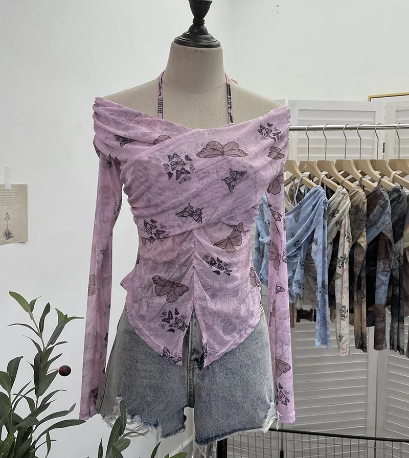 Brownm Real Shot Shoulder Strap Hanging Neck Pure Lust Wind Long-Sleeved T-Shirt Repair Cross-Folded Open Fork Short Top 9932