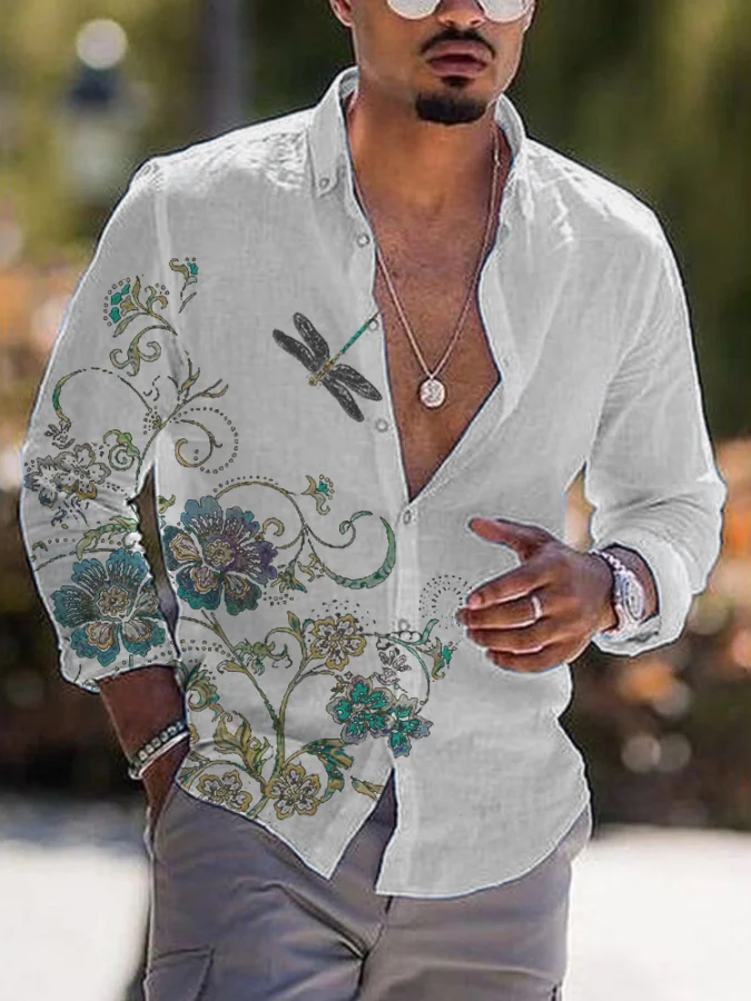 2022 New men's casual printed cotton linen long sleeved shirt