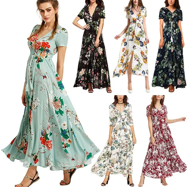 New Spring And Summer Women's Split Dress Printed Beach Dress Elegant Long Skirt Plus Size S-5Xl
