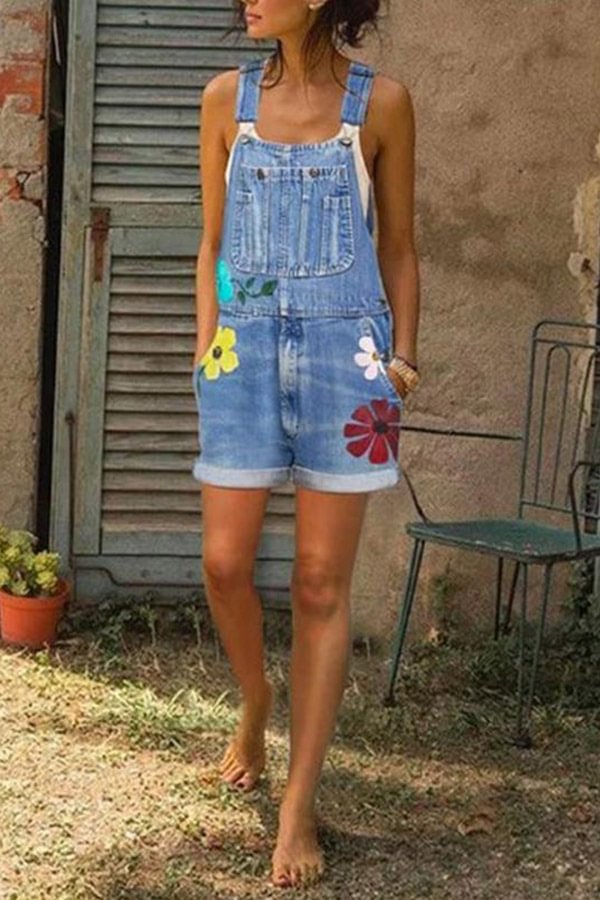 Fashion Print Casual Washed Denim Overall