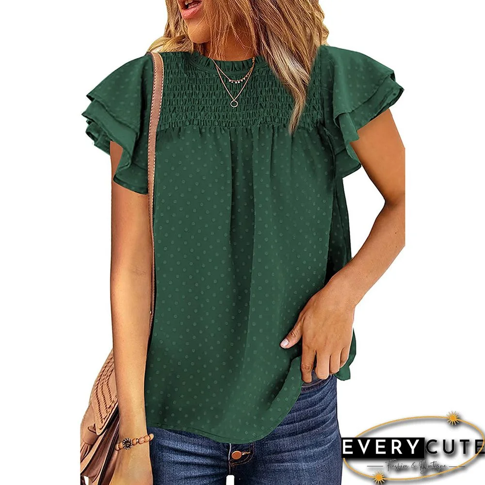 Green Chiffon Jacquard Ruffle Sleeve Tees